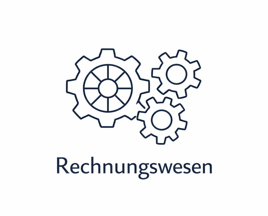 Auf dem Bild sieht man verschiedene Zahnrädern in der Farbe Dunkelblau, die ineinander greifen. Darunter steht Rechnungswesen.