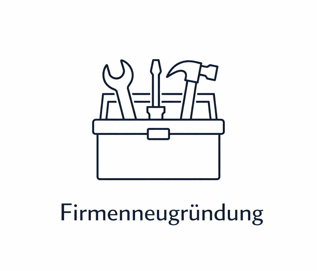 Auf dem Bild sieht man einen Werkzeugkasten in dem sich verschiedene Werkzeuge befinden. Zum Beispiel ein Hammer, Schraubenzieher, Zangen und noch weitere Werkzeuge. Die Farbe ist Dunkelblau und darunter steht der Begriff Firmenneugründung.