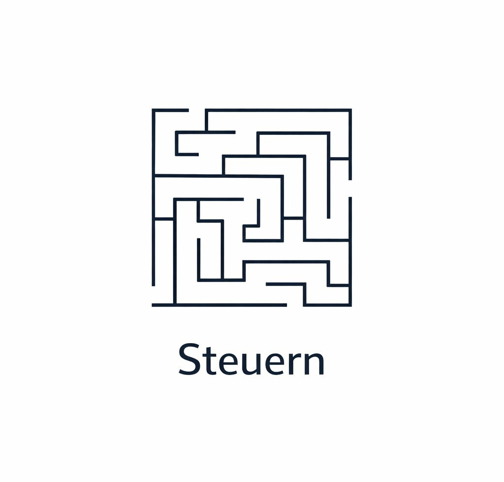 Auf dem Bild sieht man ein Labyrinth in der Farbe Dunkelblau, darunter steht geschrieben Steuern.